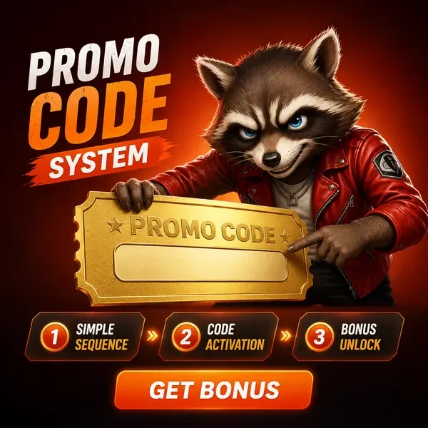 Waschbär untersucht Promo-Code-Gutschein am Rockyspin Casino Golden-Ticket-Schalter