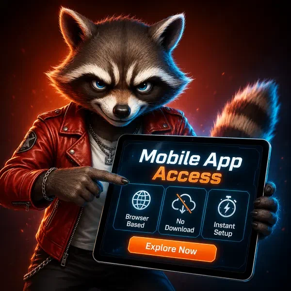 Technikaffiner Waschbär erkundet mobile App-Funktionen auf leuchtendem Tablet bei Mobile App-Architektur und Installation