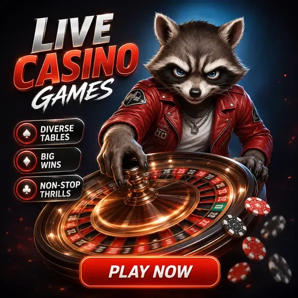 Selbstbewusster Waschbär dreht Roulette-Rad an Live-Casino-Tischen mit Provider-Architektur und Rockyspin