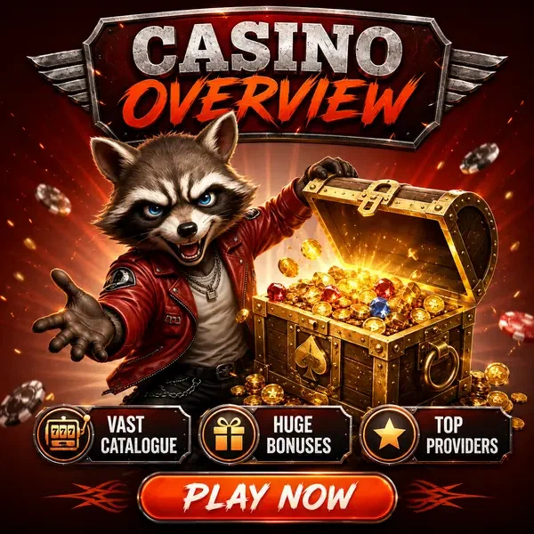 Waghalsiger Waschbär öffnet goldene Schatztruhe am Rockyspin Casino Übersichtsportal
