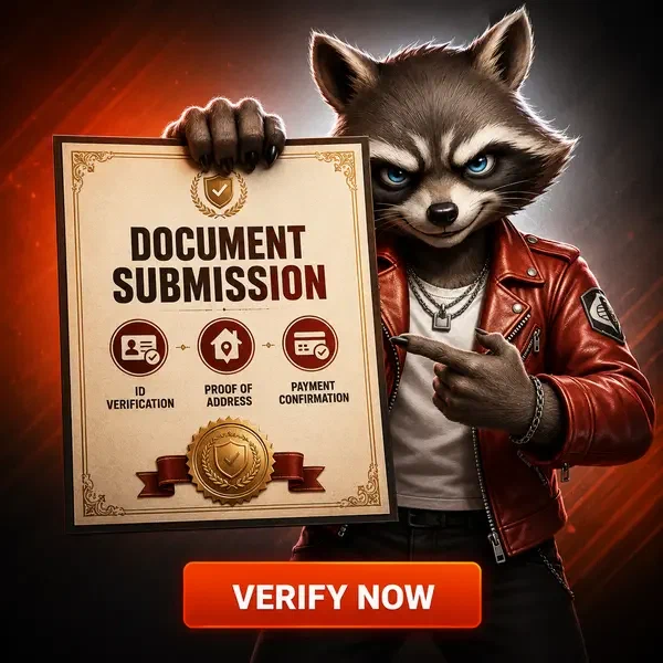 Anthropomorpher Waschbär präsentiert Dokumentenverifizierungszertifikat am Rockyspin-Portal
