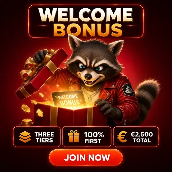 Rockyspin Willkommensbonus Schatztruhe leuchtend, während abenteuerlustiger Waschbär Belohnungen enthüllt