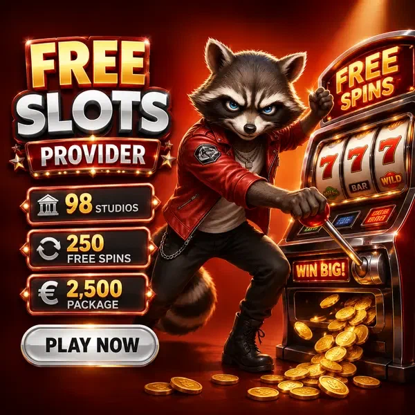 Anthropomorpher Waschbär zieht Hebel an Rockyspin Free Slots mit leuchtenden Walzen und Münzen