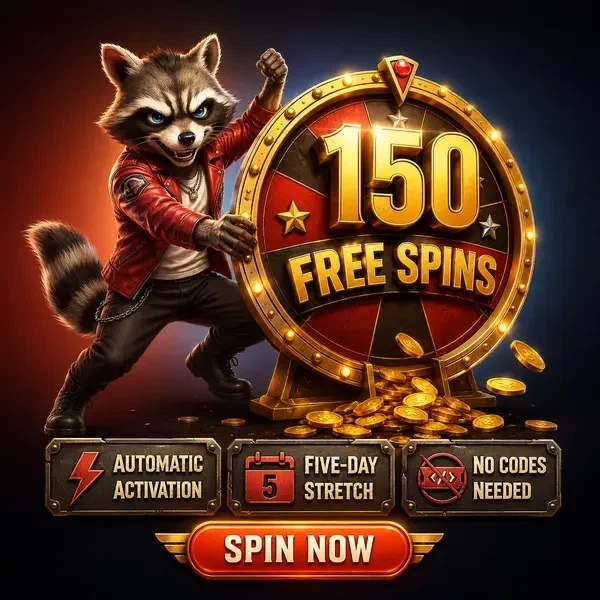 Anthropomorpher Waschbär enthüllt leuchtendes Preisrad mit Rockyspins No Deposit Bonus-Angebot