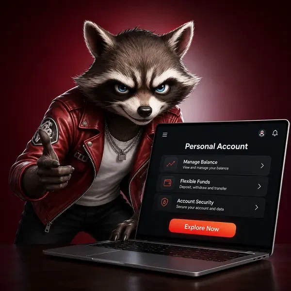 Anthropomorpher Waschbär verwaltet persönliches Konto auf Laptop bei Rockyspin mit purpurroter Kulisse