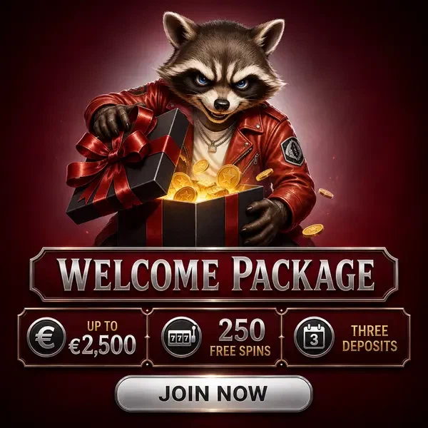 Anthropomorpher Waschbär in Lederjacke öffnet Premium-Geschenkbox und enthüllt No Deposit Bonus bei Rockyspin