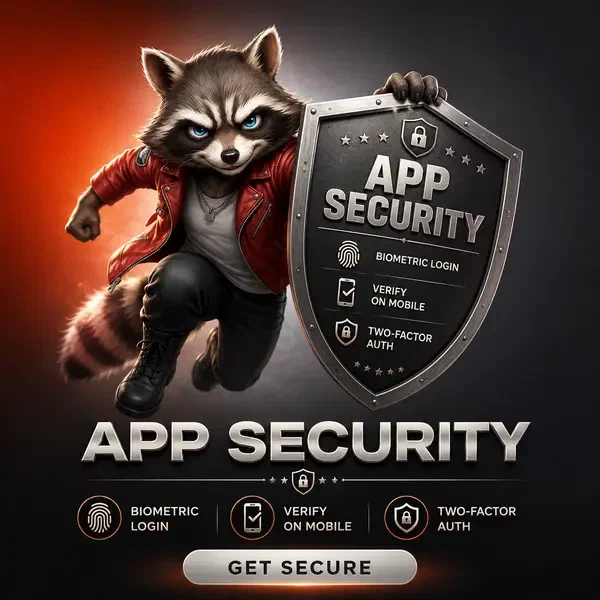 Anthropomorpher Waschbär präsentiert App-Sicherheitsschild auf der mobilen Plattform von Rockyspin Casino