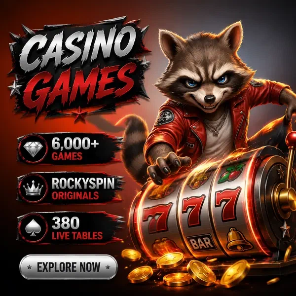 Waschbär-Charakter dreht Slot-Walzen bei Rockyspin Casino Games mit 6000+ Optionen
