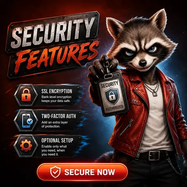 Anthropomorpher Waschbär präsentiert Sicherheitsausweis beim Login auf geschützter Gaming-Plattform
