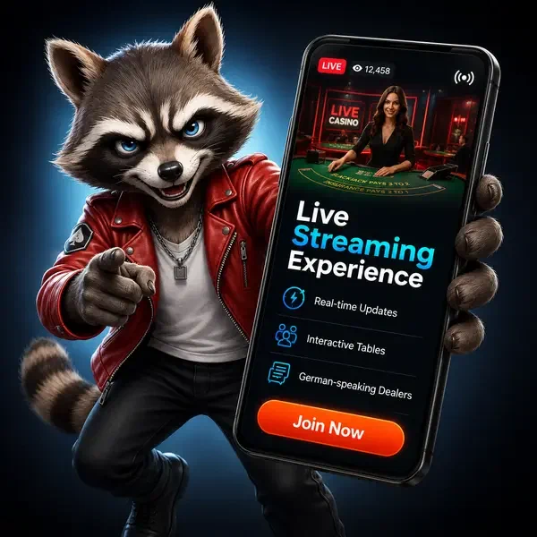 Anthropomorpher Waschbär präsentiert Live-Dealer-Updates im Rockyspin-Streaming-Studio