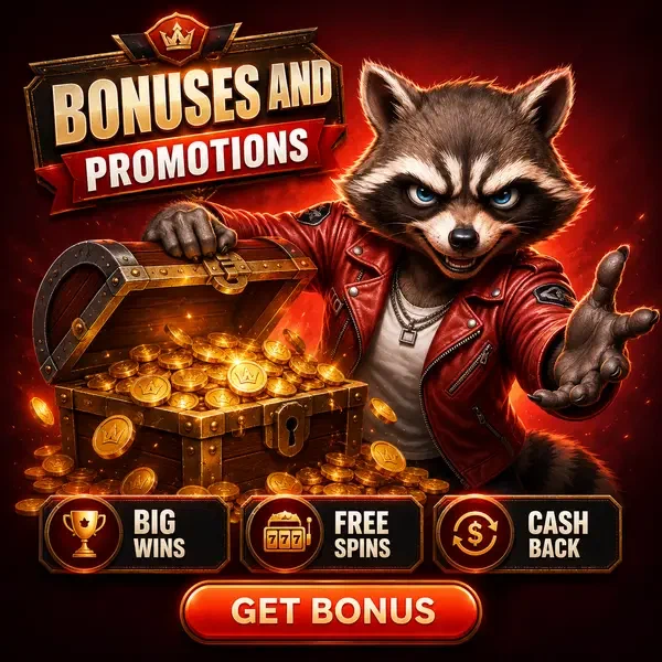 Waschbär enthüllt Bonus-Schatztruhe bei Rockyspin Casino mit herausfallenden goldenen Münzen