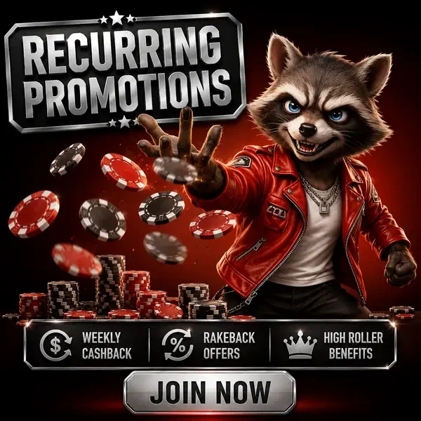 Waghalsiger Waschbär wirft Pokerchips und feiert wiederkehrende Promotionen im wöchentlichen Bonusparadies