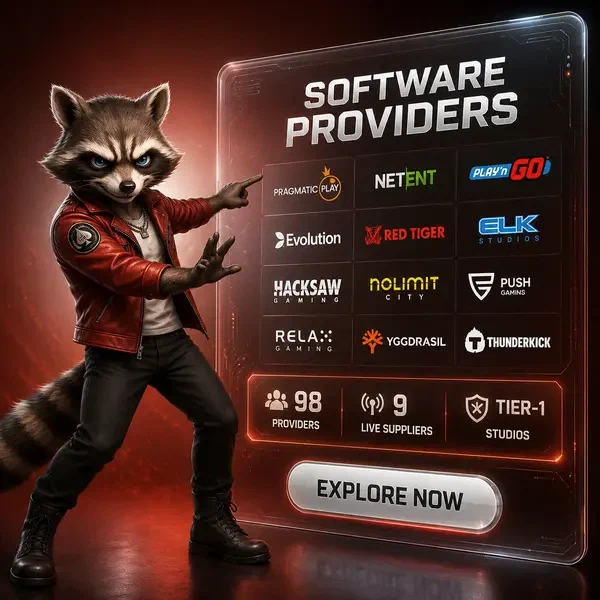 Waschbär präsentiert Software-Anbieter bei Rockyspin mit durchscheinendem Bildschirm