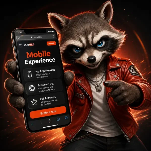 Anthropomorpher Waschbär präsentiert Rockyspin Mobile-Erfahrung auf Smartphone mit Browser-Oberfläche
