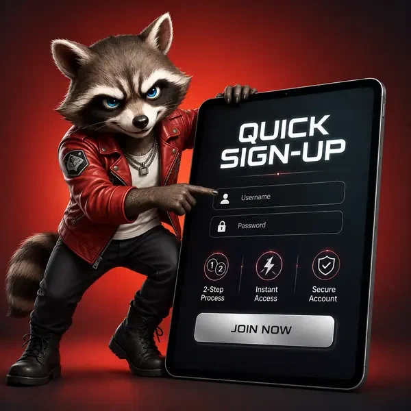Anthropomorpher Waschbär tippt Quick Sign-Up auf Tablet am Rockyspin Registrierungsportal